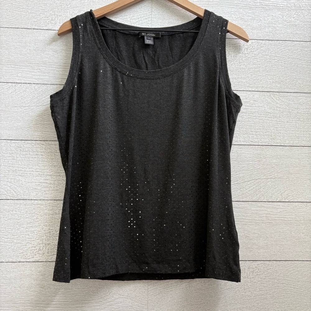 St. John Paillettes Charcoal Gray Micro Square Sequin Stretch Tank Top, Large - Picture 3 of 11